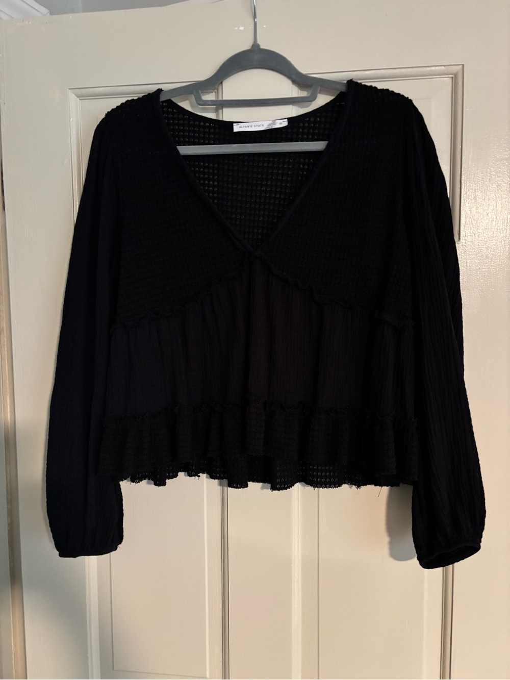Altar'd State Black V-Neck Textured Peasant Blouse